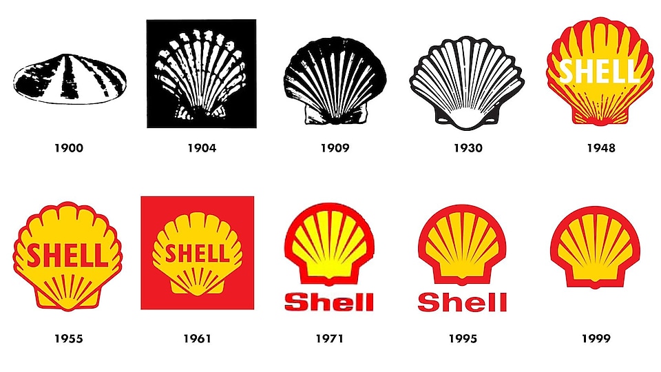 Изображение показва как емблемите на Shell се променят от 1900 г. до настоящата емблема
