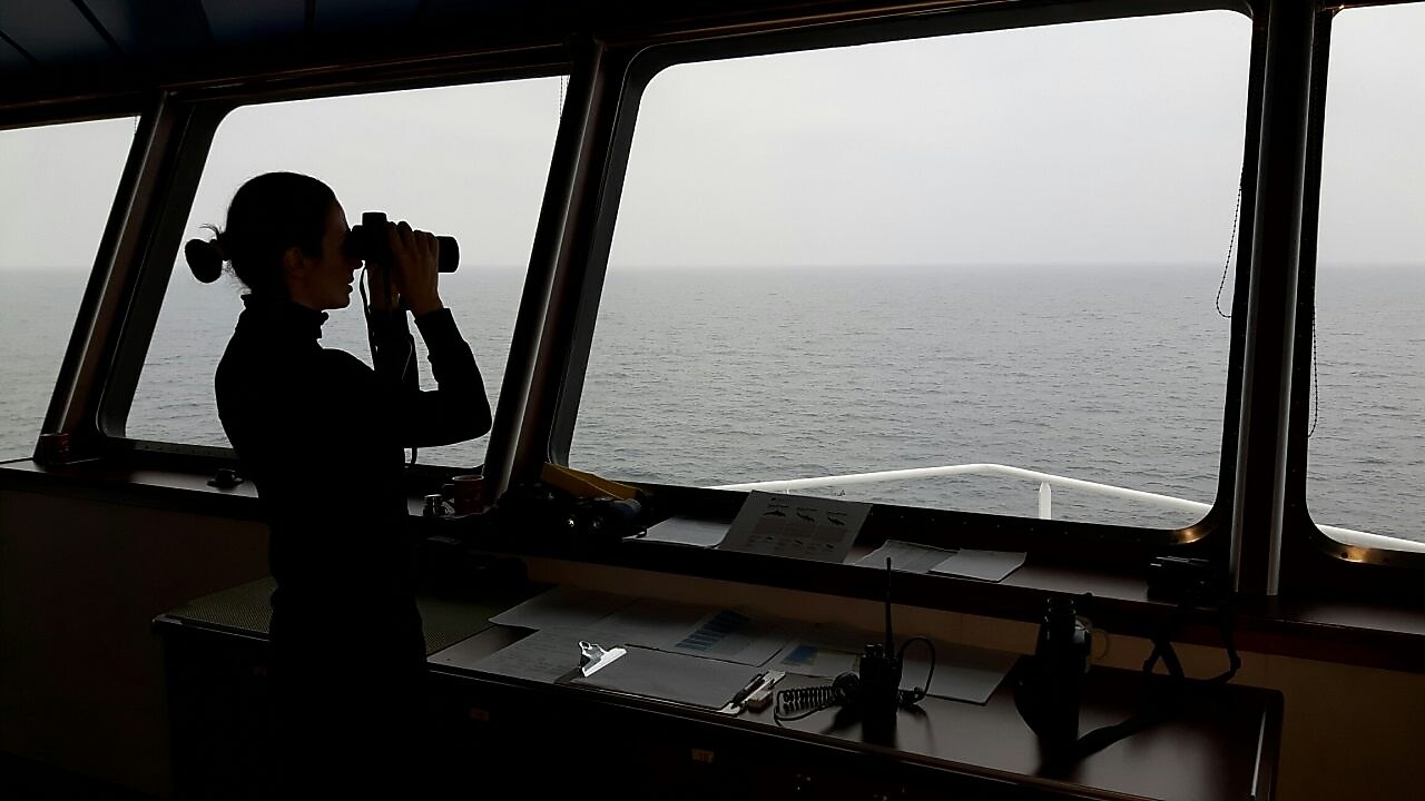 момиче търси в бинокъл извън кораба