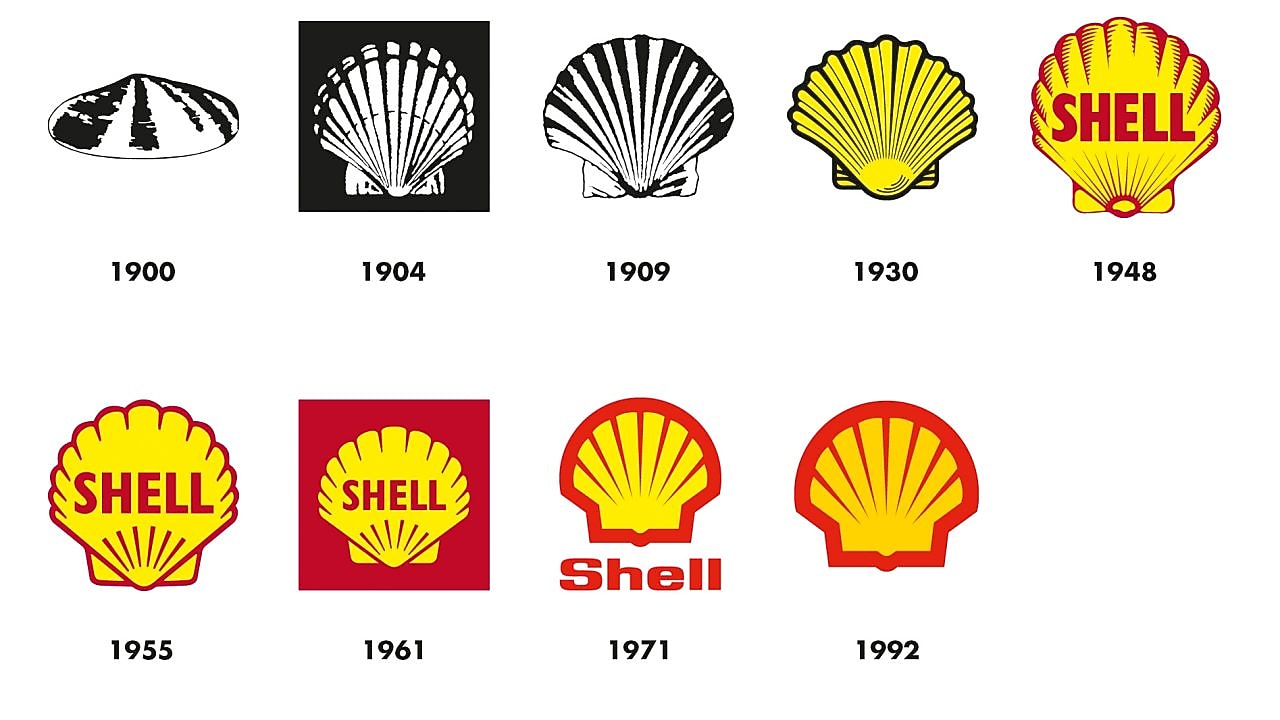 Изображение показва как емблемите на Shell се променят от 1900 г. до настоящата емблема